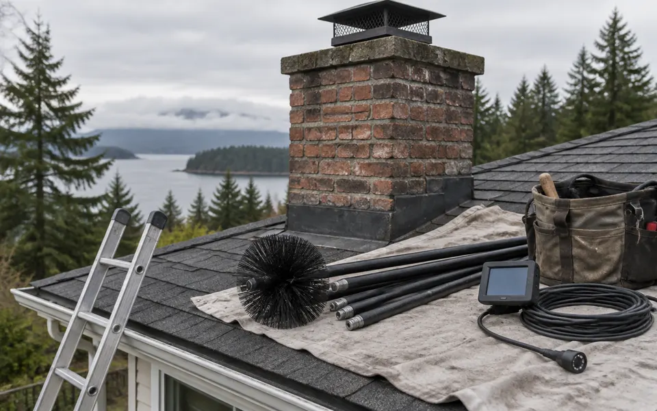 Flexible chimney brushes, rod sections and a roof drop cloth laid out beside a brick masonry chimney on a residential roof
